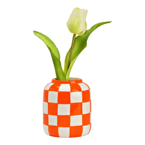 Quadréa – Keramikvase Orange-Weiß kariert